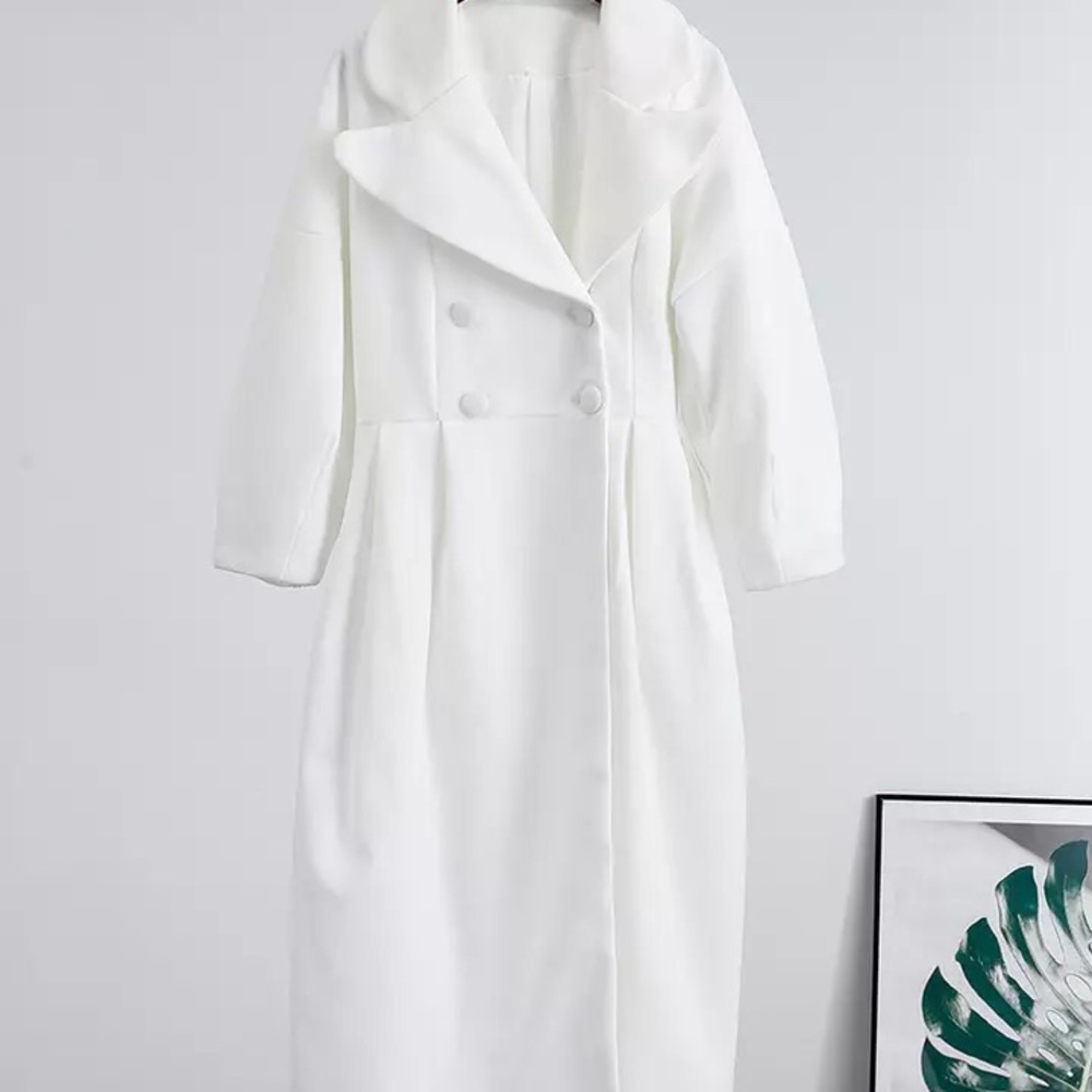 Coat white runway fashion button V-neck long puff lantern sleeve womens - Picture 9 of 9